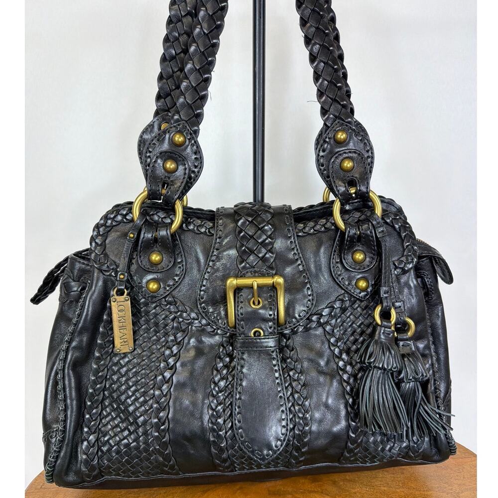 Lockheart Black Woven Leather Tassel Accent 6-Pocket Shoulder Bag Handbag